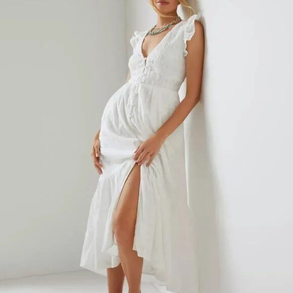 Anthropologie Dresses & Skirts - Anthropologie Dress Womens Extra Small Peregrine Midi White Smocked VNeck Aline